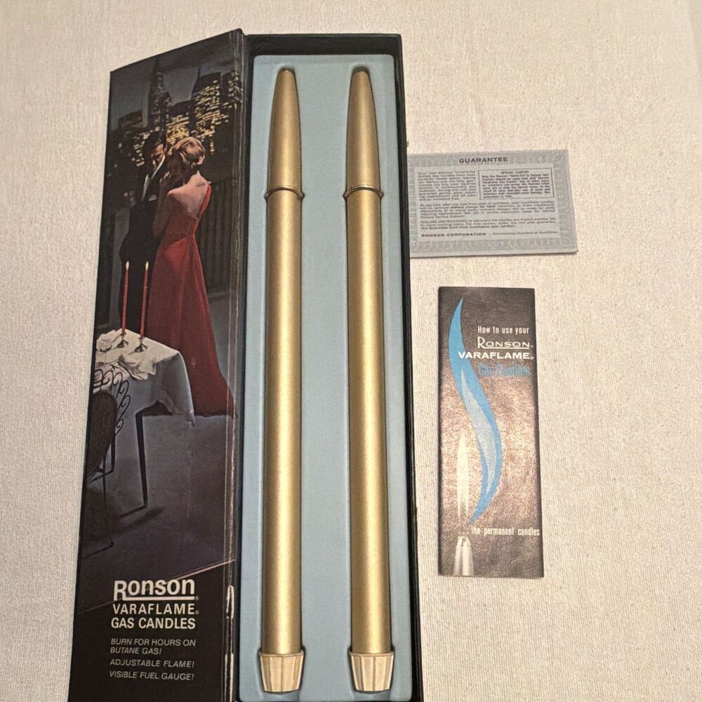 Ronson Varaflame Gas Candle Set 2 Gold 1962 Mid Century Modern w/ Box